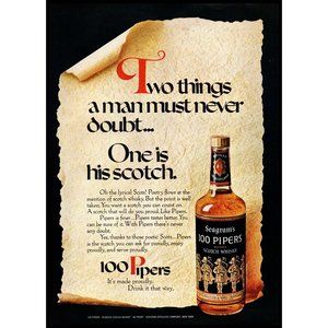 1971 100 Pipers Scotch Whisky Vintage Print Ad Scroll Antique Paper Wall Art